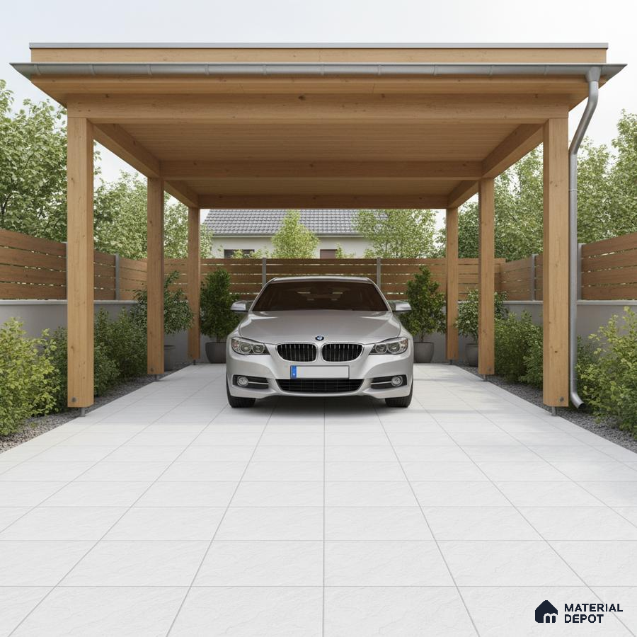 Modern parking with wooden pergola and white matte floor tiles