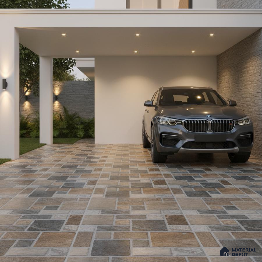 Modern parking with multicolor stone-look floor tiles and textured grey wall cladding