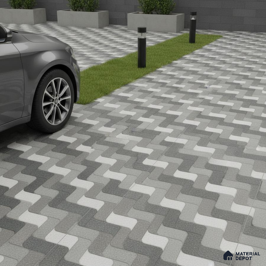Modern parking area with grey and white zigzag outdoor floor tiles