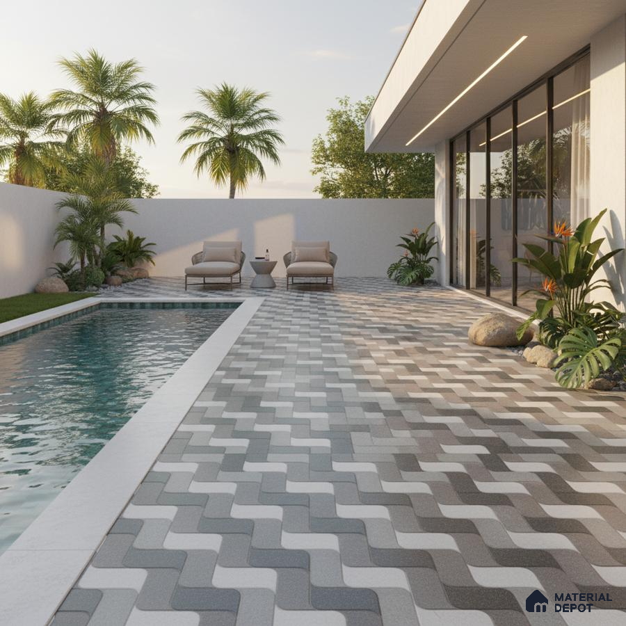 Modern outdoor poolside with geometric grey and white interlocking floor tiles
