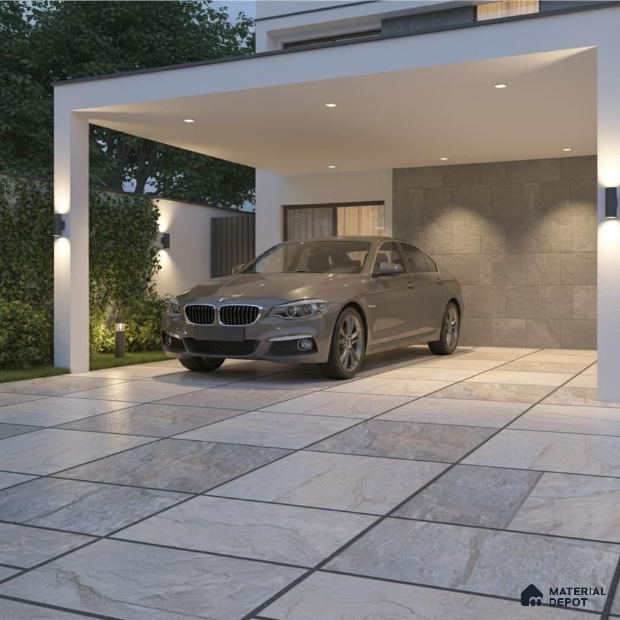 Modern parking with large format stone-look floor tiles and textured stone wall cladding