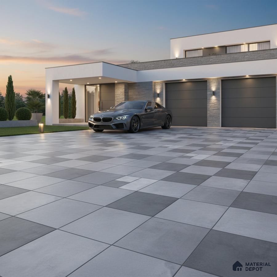 Modern parking with grey and white checkerboard outdoor floor tiles and stone cladding accents