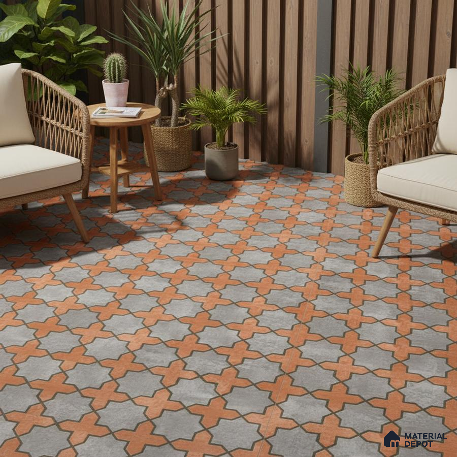 Mediterranean outdoor space with terracotta and grey moroccan patterned floor tiles and wooden louver panels