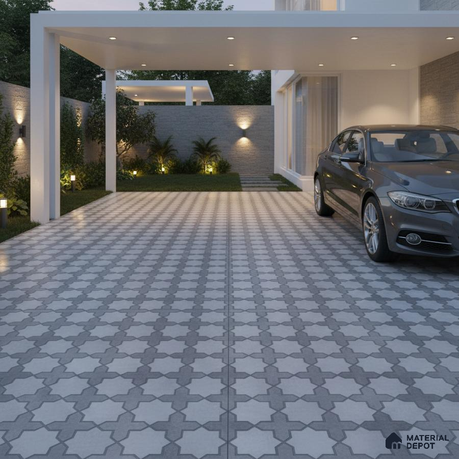 Modern parking with geometric patterned grey and white outdoor floor tiles
