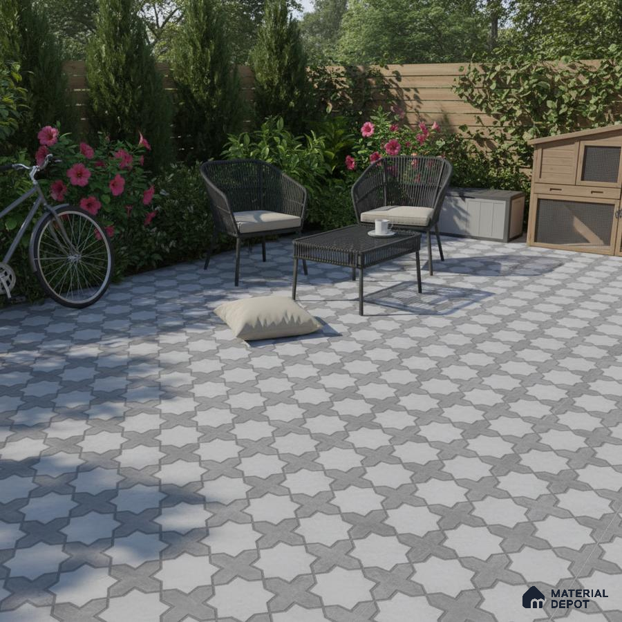 Modern outdoor patio with grey and white geometric patterned floor tiles