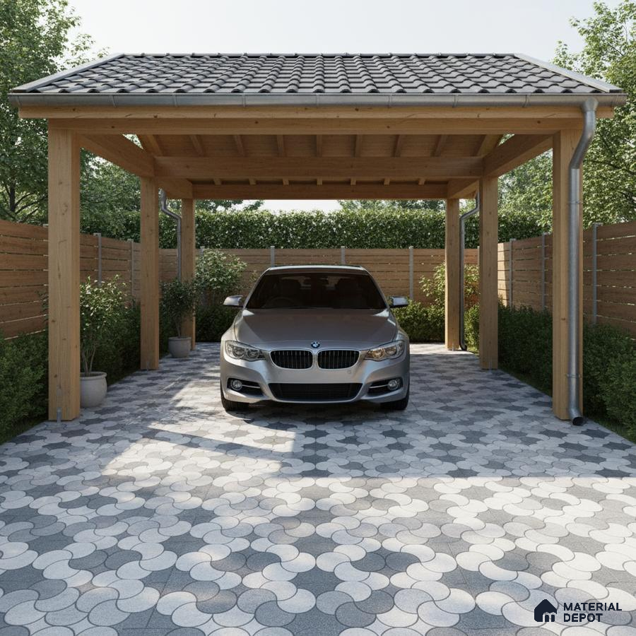 Modern parking with geometric grey and white outdoor floor tiles and wooden pergola roof