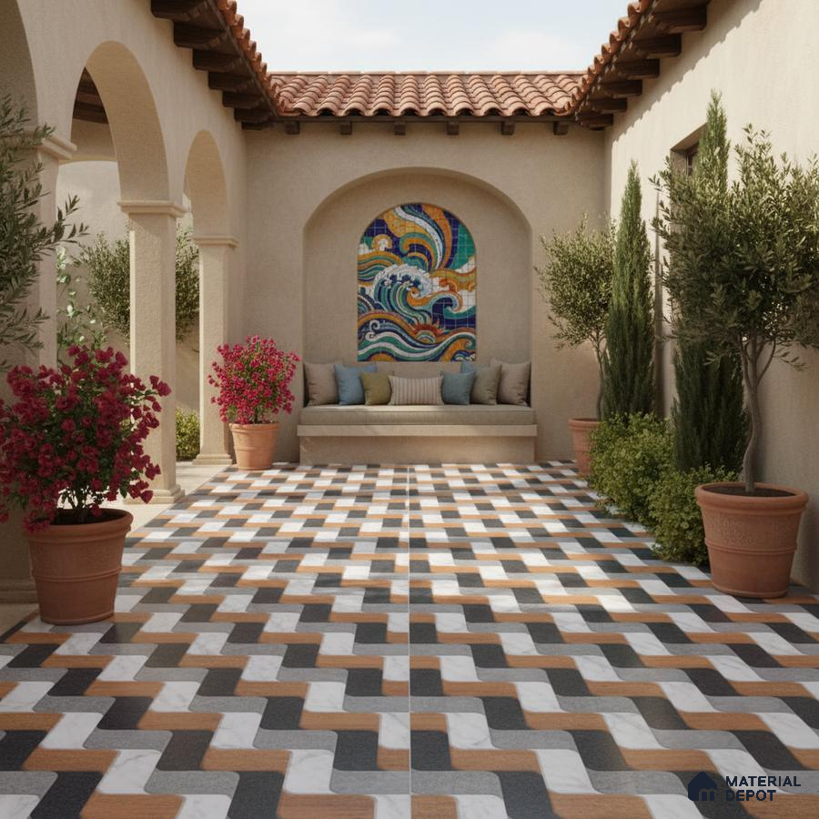 Mediterranean outdoor courtyard with terracotta roof, mosaic accent wall, and geometric patterned floor tiles