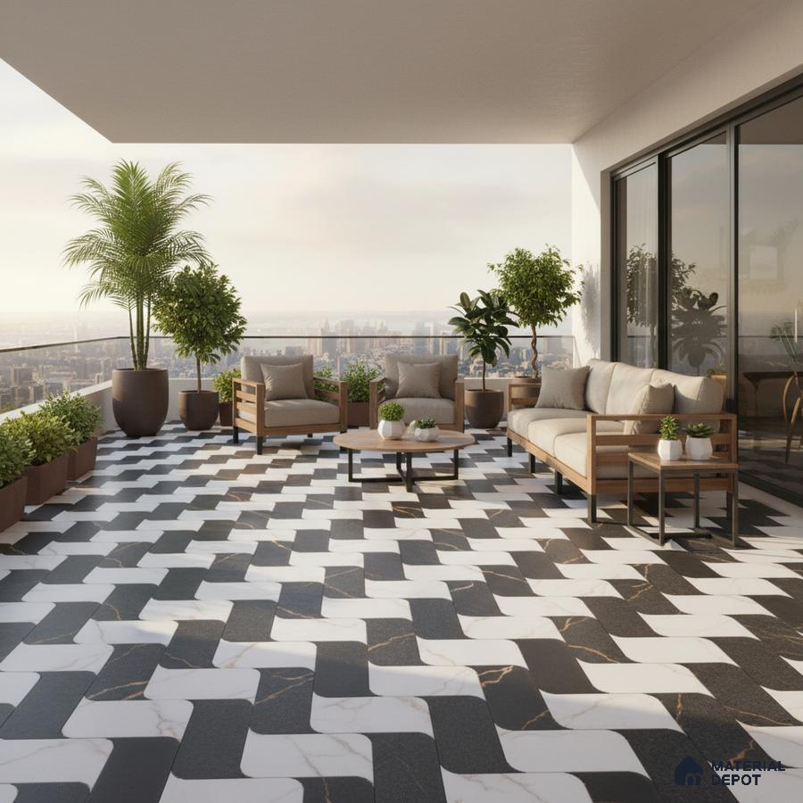 Modern balcony with black and white marble-look geometric floor tiles and wooden outdoor seating