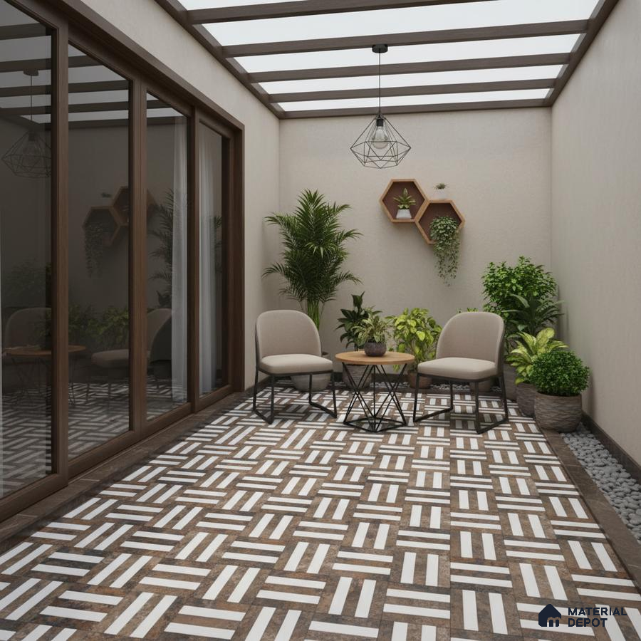 Modern balcony with geometric patterned floor tiles and beige wall paint