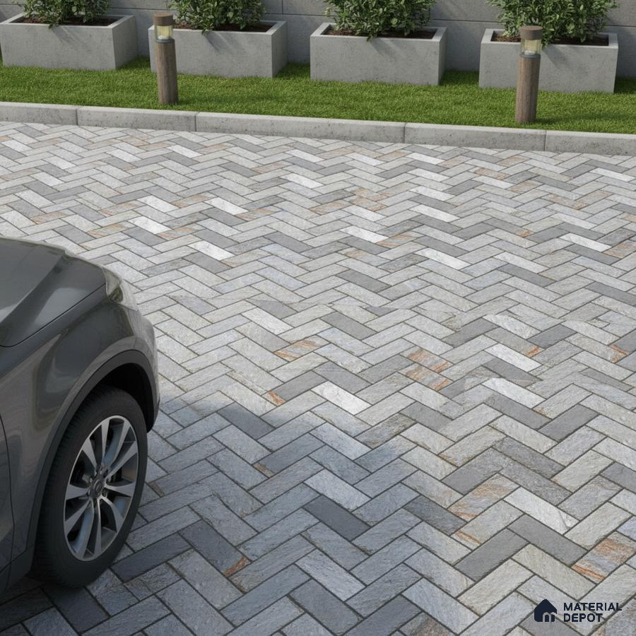 Modern parking area with grey herringbone stone tiles and concrete planters