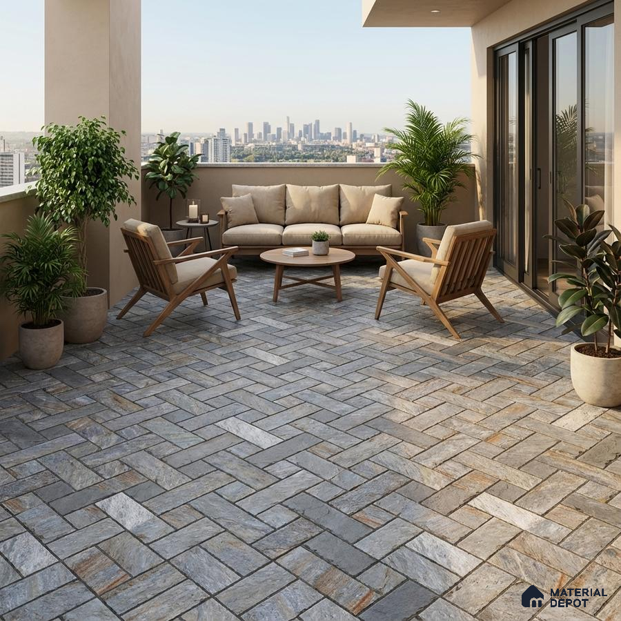 Modern balcony with herringbone stone-look floor tiles and wooden outdoor furniture