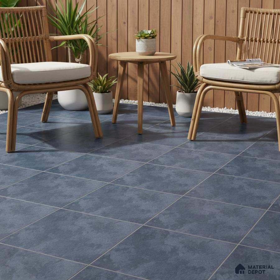 Scandinavian outdoor seating with blue floor tiles and natural wood cladding
