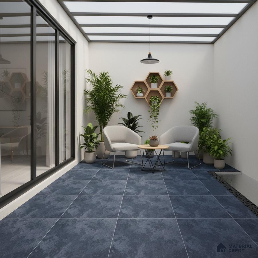 Modern balcony with navy blue stone-look floor tiles and minimalist planters
