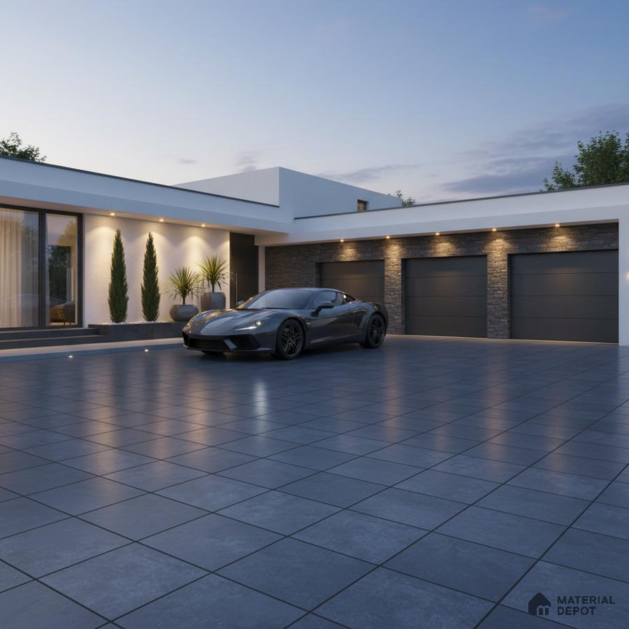 Modern parking with large format grey outdoor tiles and stone cladding accent wall
