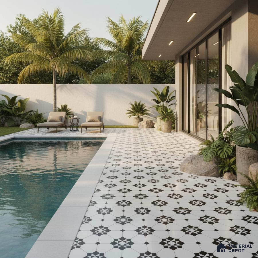 Modern outdoor poolside with black-and-white geometric patterned floor tiles