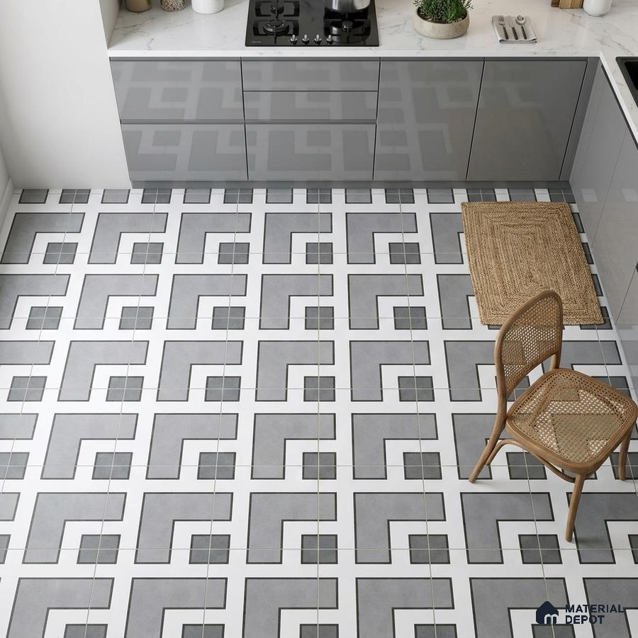 Modern kitchen with grey high gloss laminate cabinets, white quartz countertop, and geometric patterned floor tiles