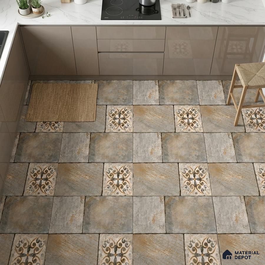 Modern kitchen with taupe glossy laminate cabinets, white marble-look countertop, and rustic patterned floor tiles