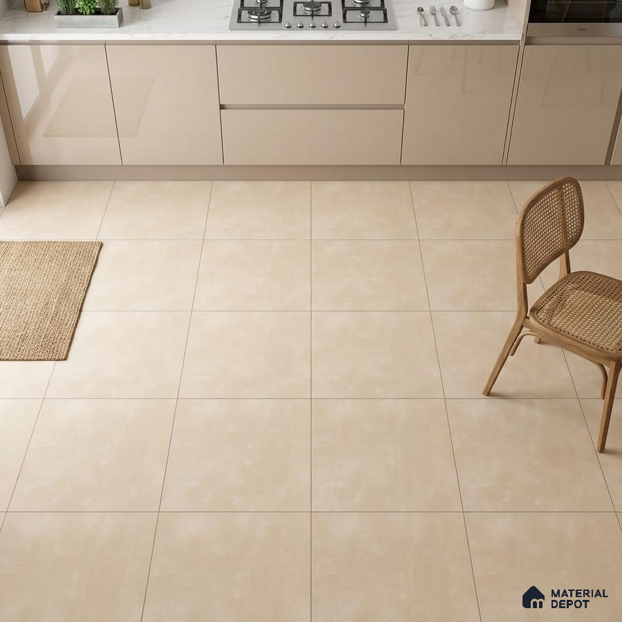 Modern kitchen with glossy beige laminate cabinets, white marble countertop, and matte beige floor tiles