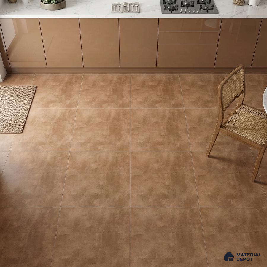 Modern kitchen with glossy cappuccino laminate cabinets and matte brown stone-look floor tiles
