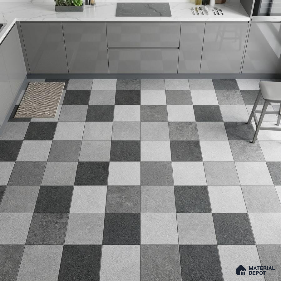 Modern kitchen with grey high gloss laminate cabinets, white marble countertop, and black-and-grey checkerboard floor tiles