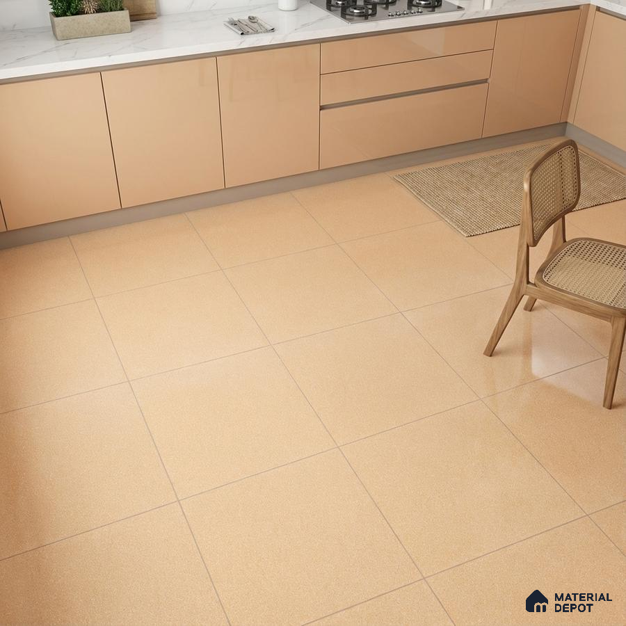 Modern kitchen with glossy beige laminate cabinets and matte beige floor tiles