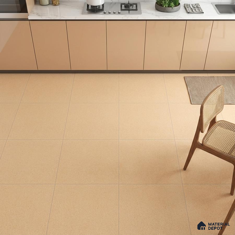 Modern kitchen with beige high gloss laminate cabinets and cream matte floor tiles