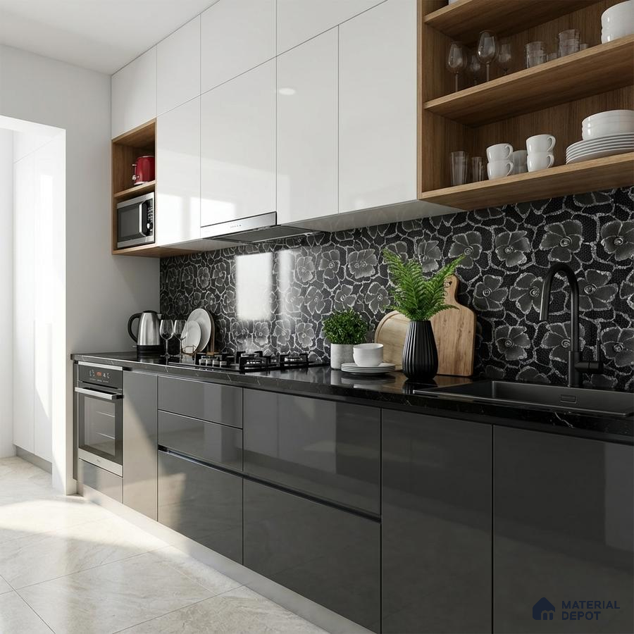 Modern kitchen with glossy grey and white laminate, black floral backsplash tile, and black quartz countertop
