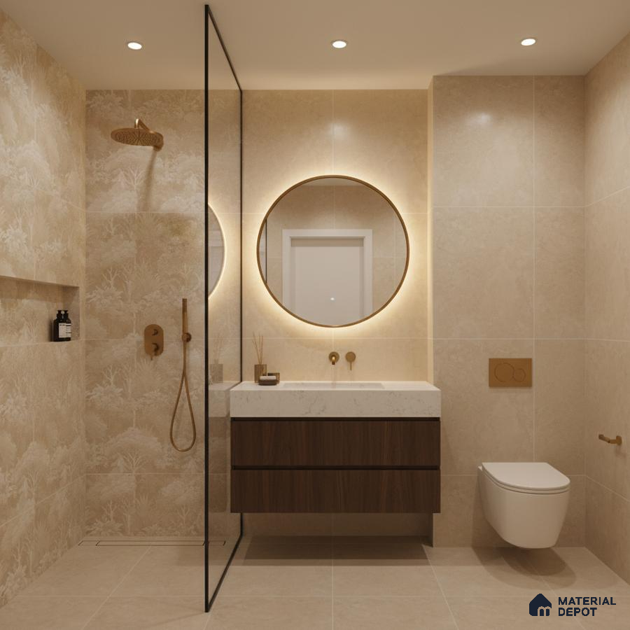 Modern bathroom with beige marble-look tiles, floating wood vanity, and backlit round mirror