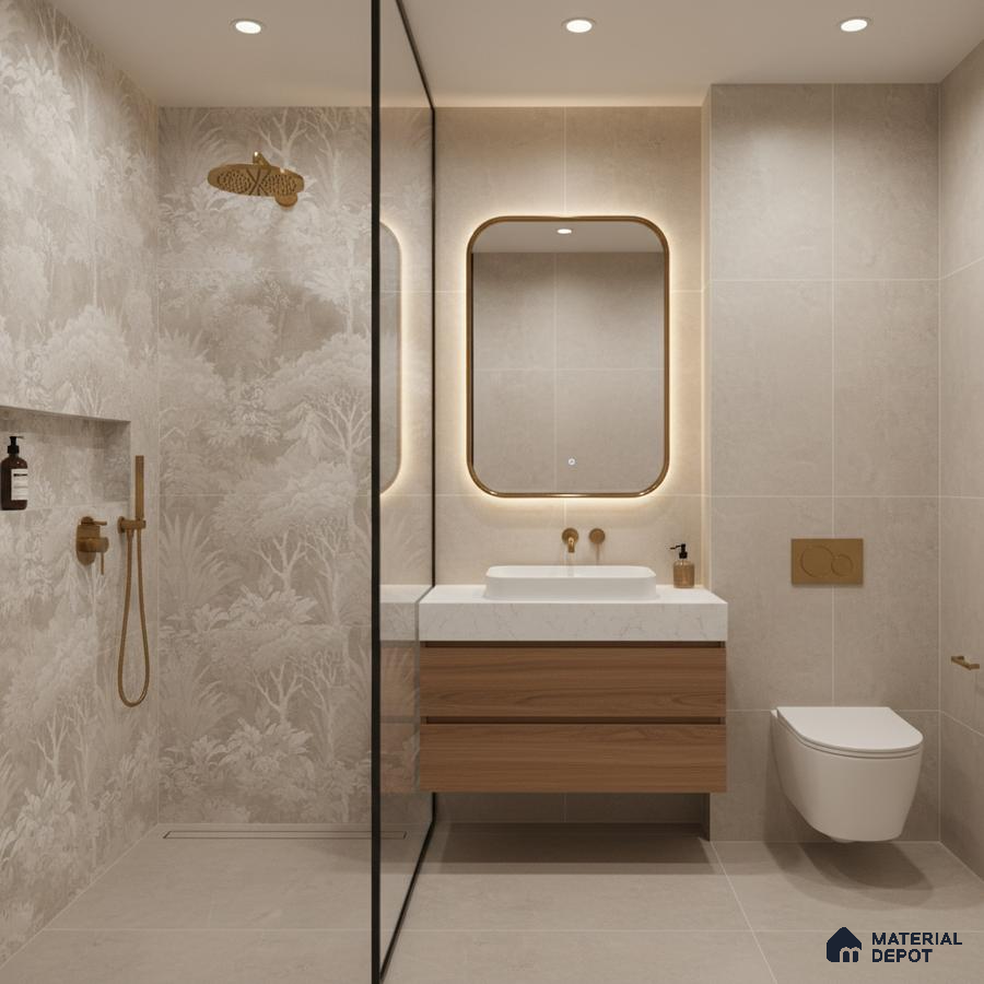 Modern bathroom with beige patterned wall tiles, wood vanity, and matte gold fixtures