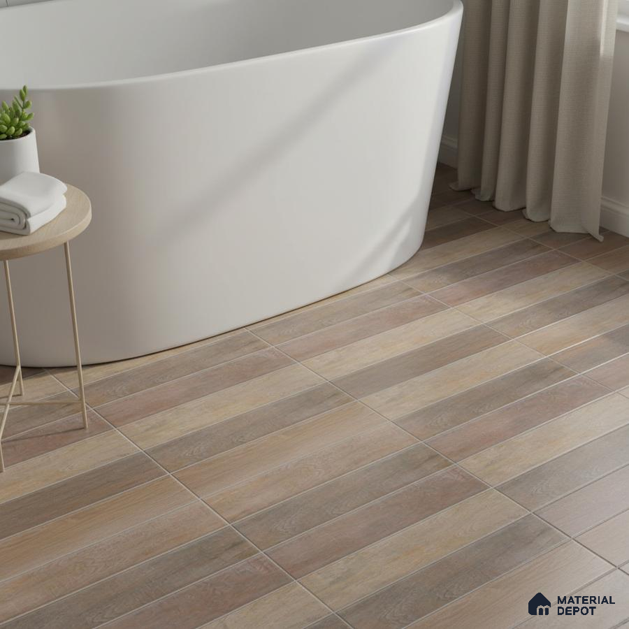 Minimalist bathroom with wood-look plank floor tiles and freestanding tub