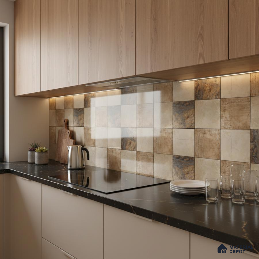 Modern kitchen with light oak laminate cabinets, black marble countertop, and rustic checkerboard backsplash tiles