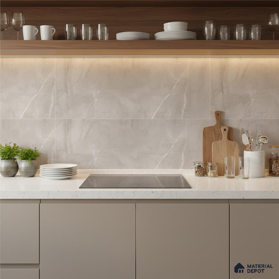 Modern kitchen with beige matte laminate cabinets, white quartz countertop, and marble-look wall tiles