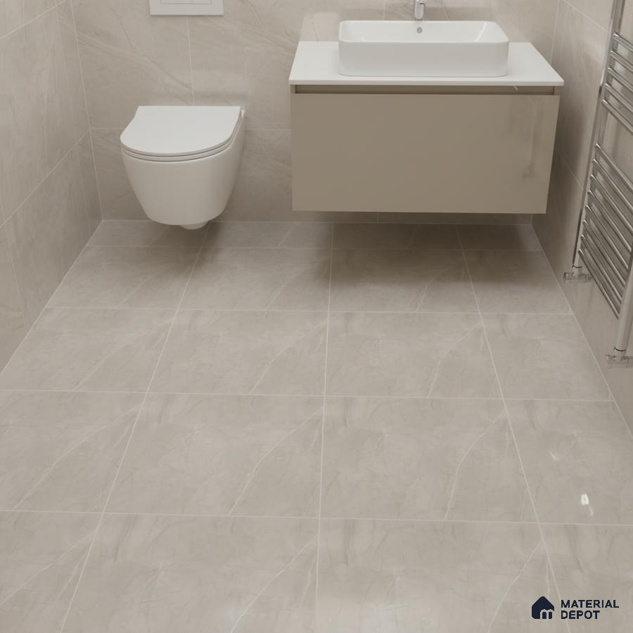 Minimalist bathroom with beige marble-look wall and floor tiles and floating vanity