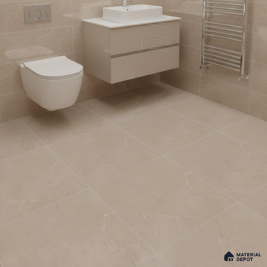 Modern bathroom with beige marble-look wall and floor tiles and floating vanity