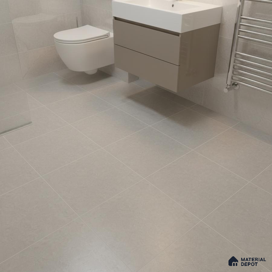 Minimalist bathroom with light grey matte tiles and taupe floating vanity