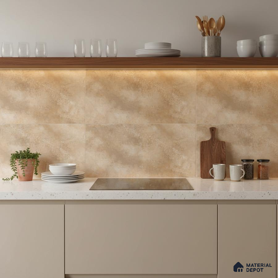 Modern kitchen with beige marble-look wall tiles, white quartz countertop, and taupe laminate cabinets
