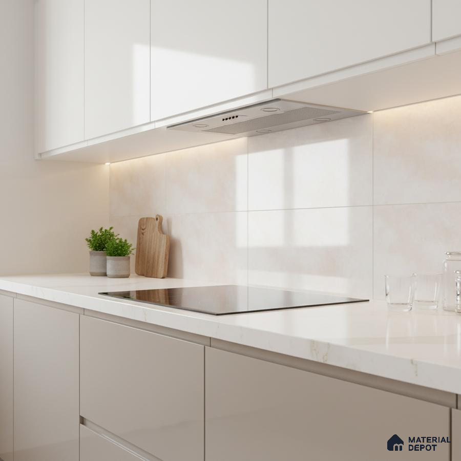 Minimalist kitchen with frosty white laminate cabinets and white marble-look quartz countertop