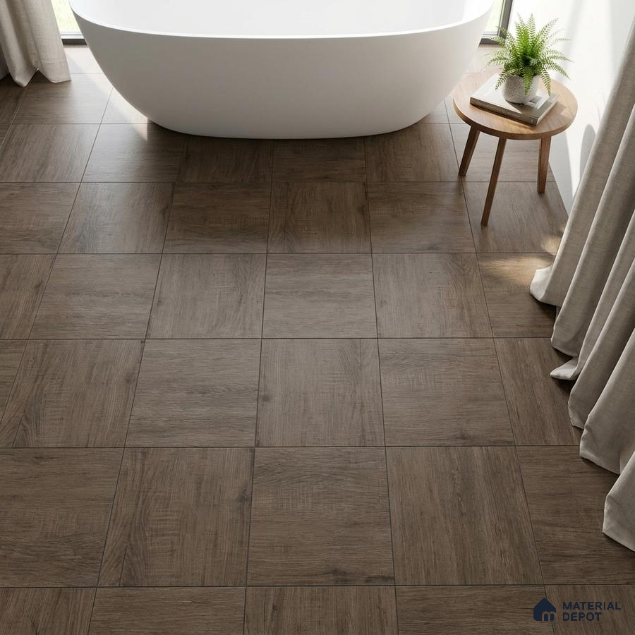 Minimalist bathroom with wood-look brown floor tiles and freestanding tub