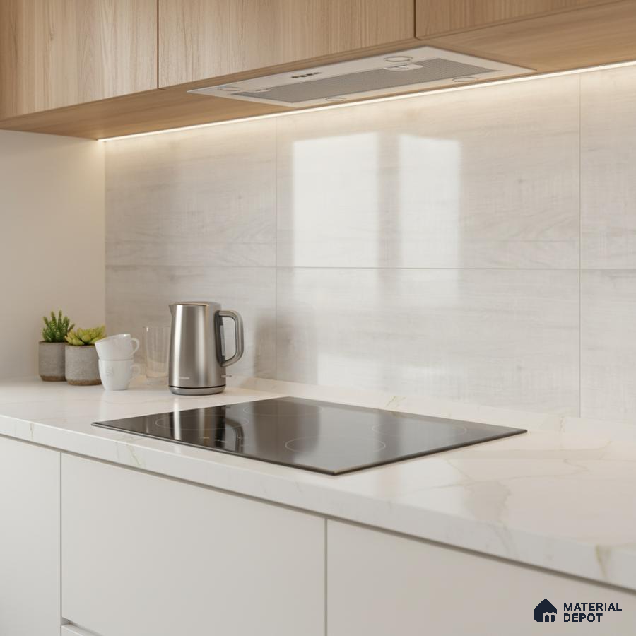 Scandinavian kitchen with light oak laminate cabinets, white marble-look quartz countertop, and matte white backsplash tiles