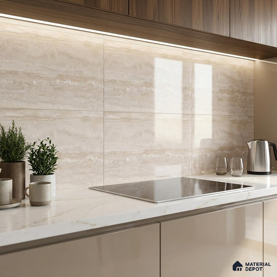 Modern kitchen with beige marble-look backsplash tile, white marble countertop, and walnut wood laminate cabinets