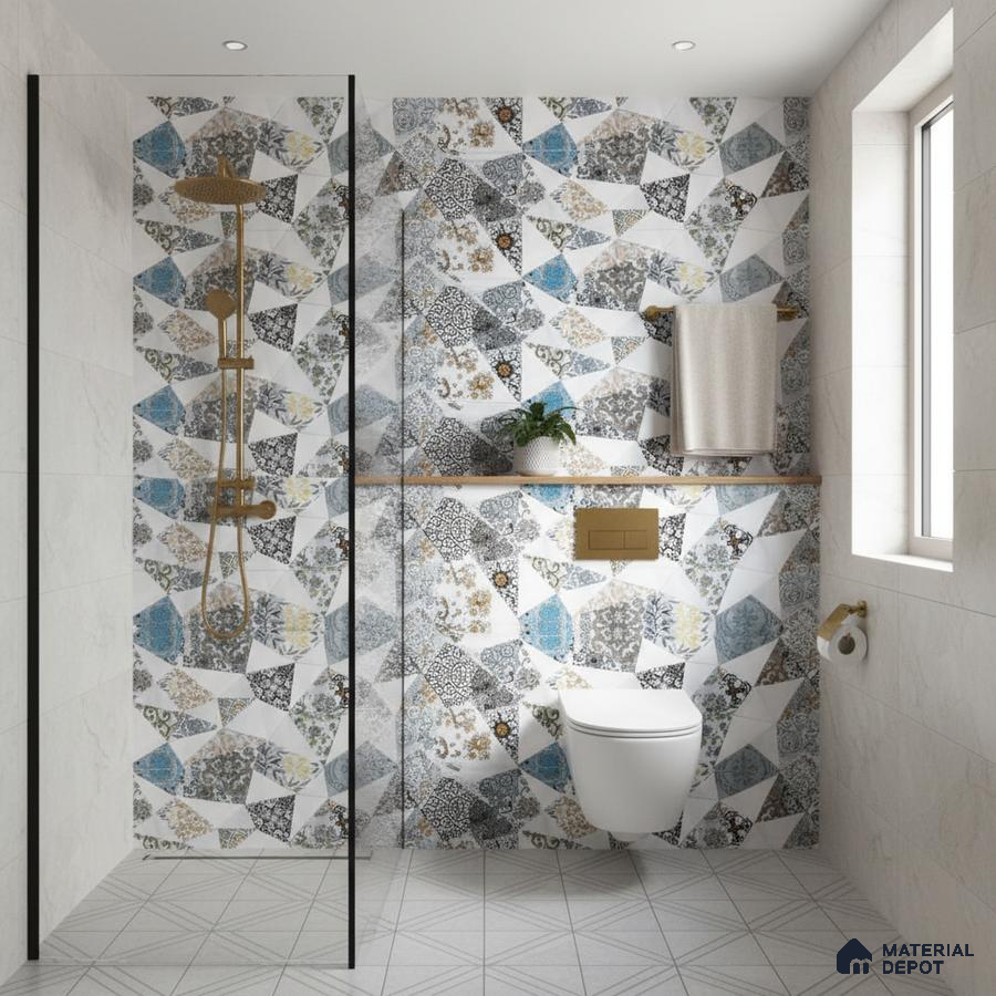 Modern bathroom with geometric patterned highlighter wall tiles and light grey floor tiles