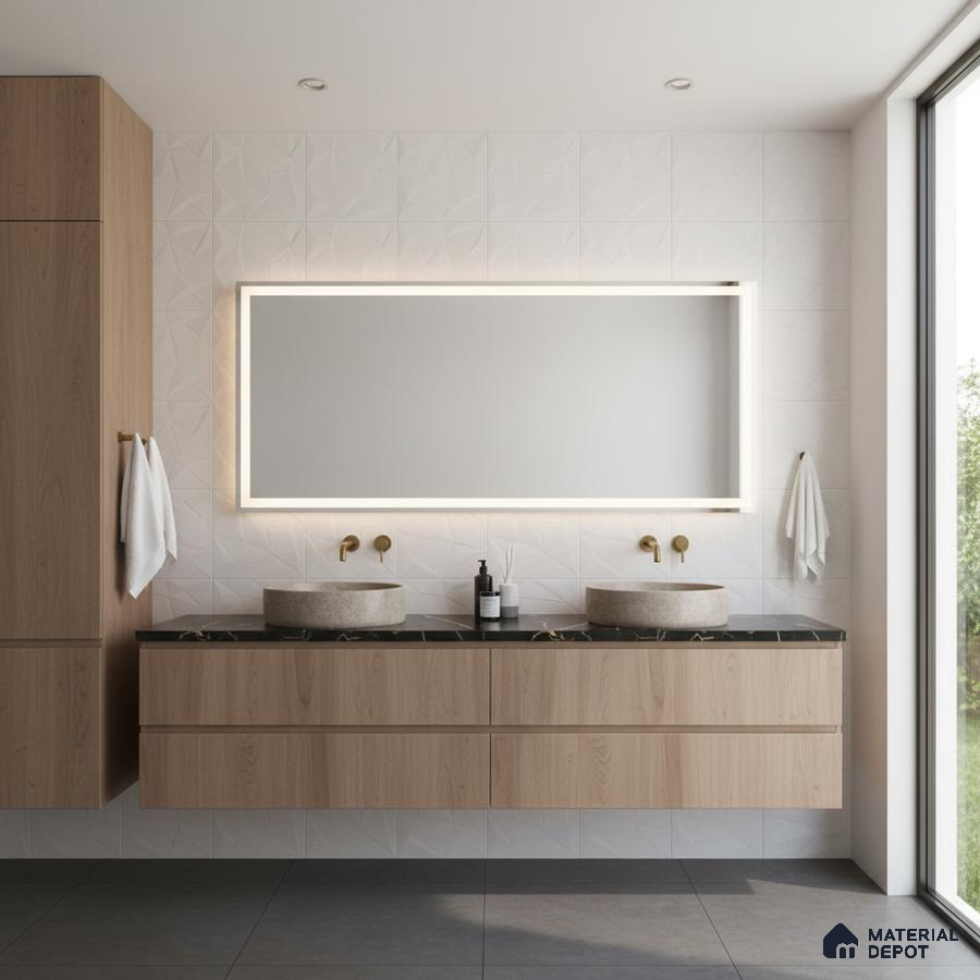 Scandinavian bathroom with light oak laminate vanity, 3D white wall tiles, and black quartz countertop