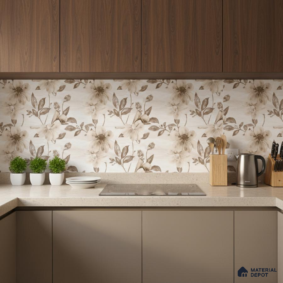Modern kitchen with walnut laminate cabinets, beige solid color laminate, and floral patterned backsplash tiles