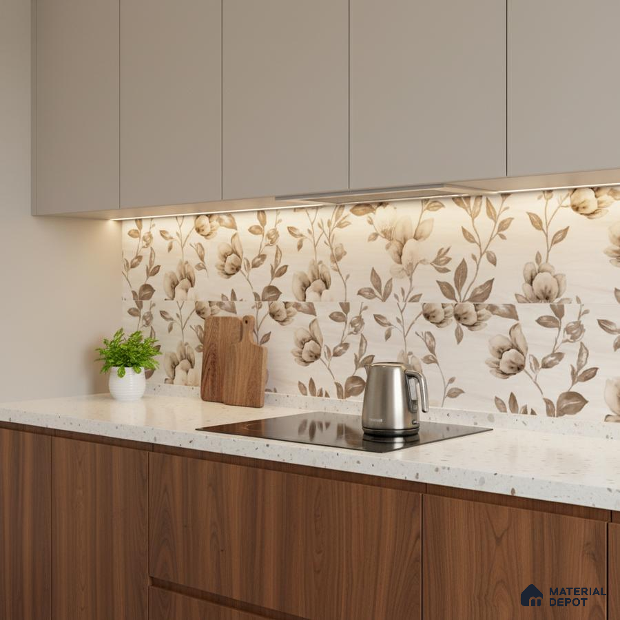 Modern kitchen with floral highlighter backsplash tile, white quartz countertop, and walnut wood laminate base cabinets