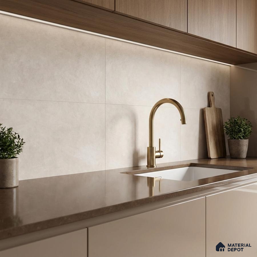 Modern kitchen with taupe quartz countertop, beige wall tiles, and light oak laminate cabinets