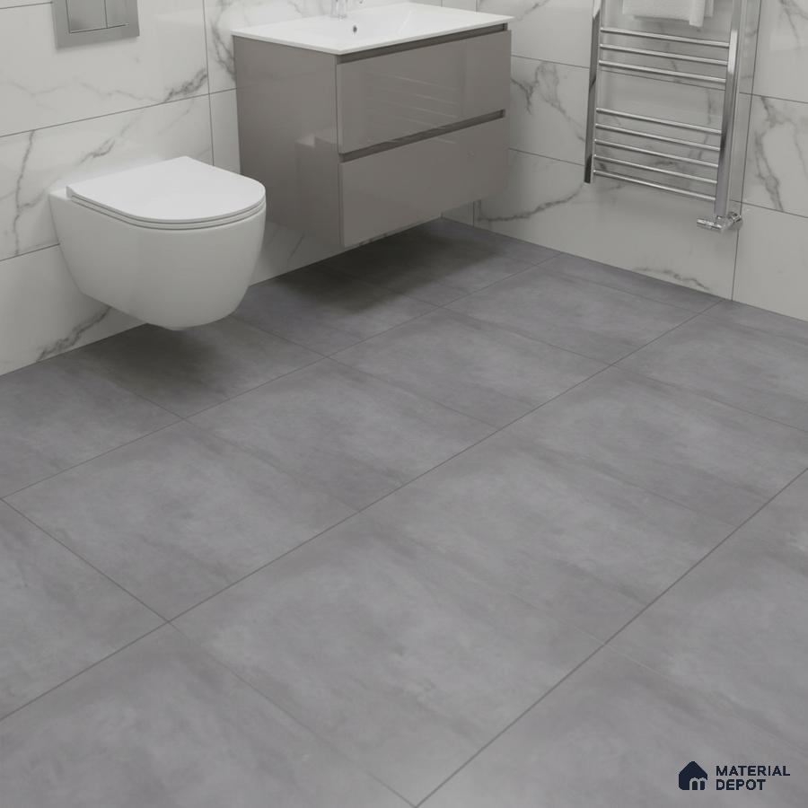 Modern bathroom with grey cement floor tiles and white marble wall tiles