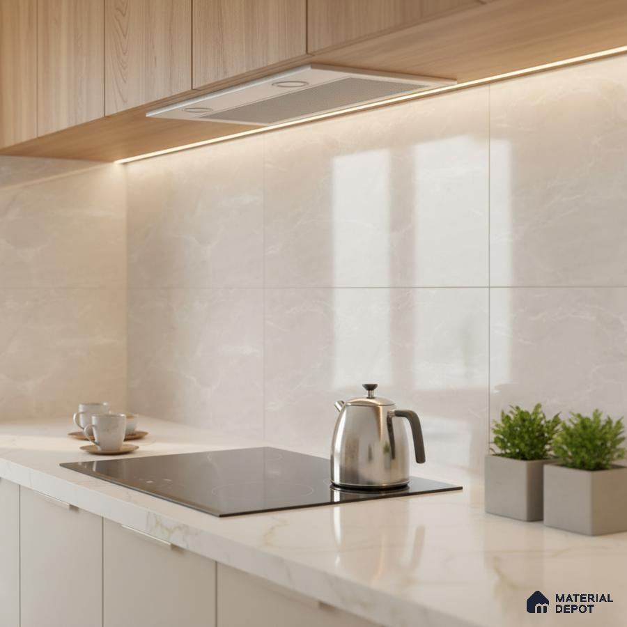 Modern kitchen with light oak laminate cabinets and white marble-look backsplash tile