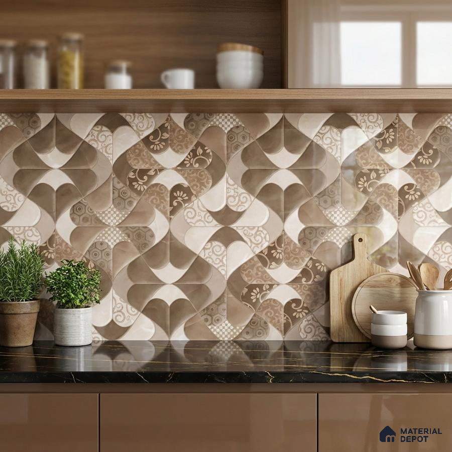 Modern kitchen with beige patterned geometric backsplash tile and black marble countertop