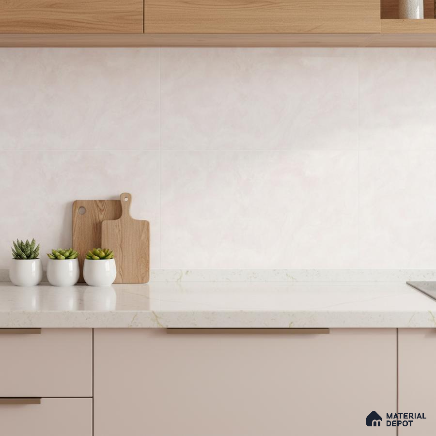 Scandinavian kitchen with blush pink laminate cabinets, white marble-look quartz countertop, and light wood overhead cabinets