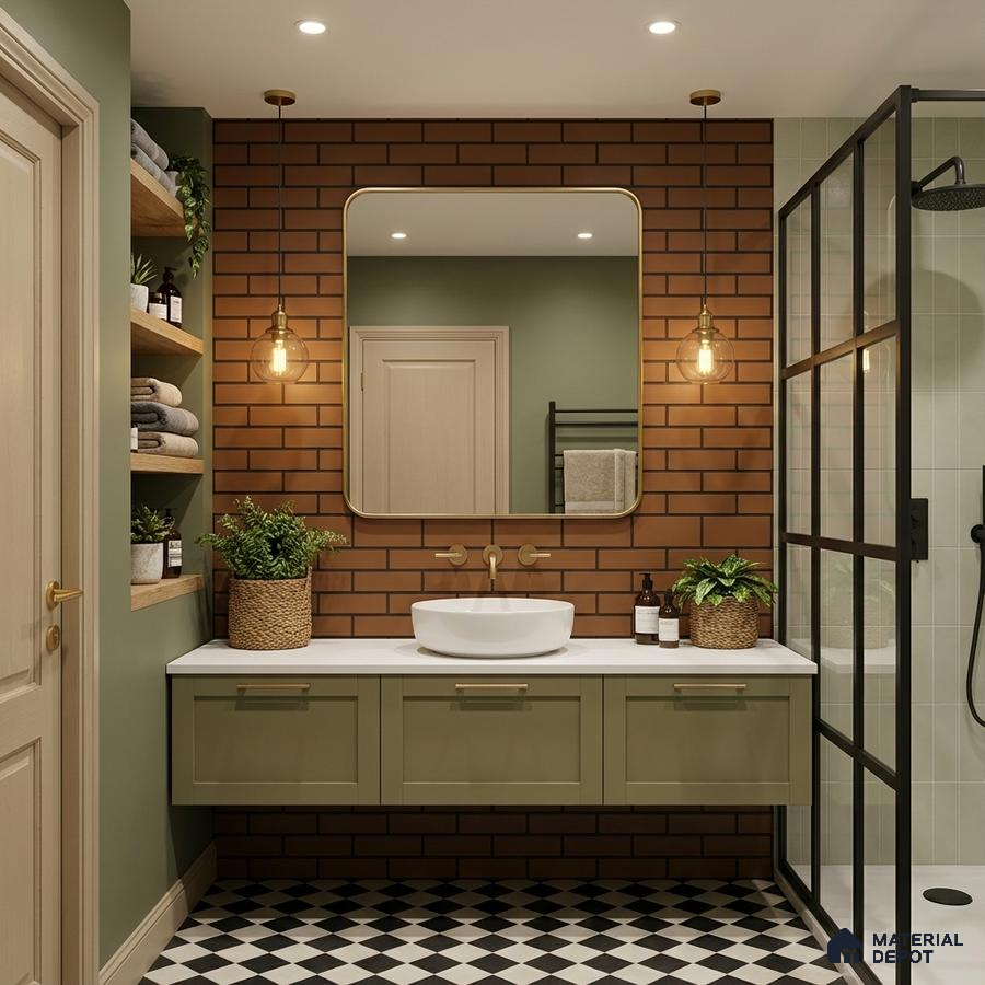 Modern bathroom with olive green vanity, brick look wall tiles, and black-and-white checkerboard floor tiles